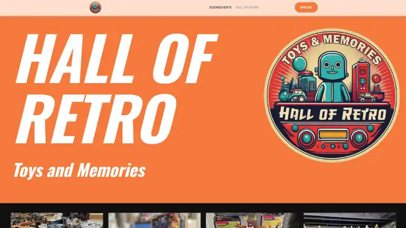 Hero Section von hall-of-retro – Logo mit nostalgischem Spielzeugroboter auf leuchtendem Orangerot